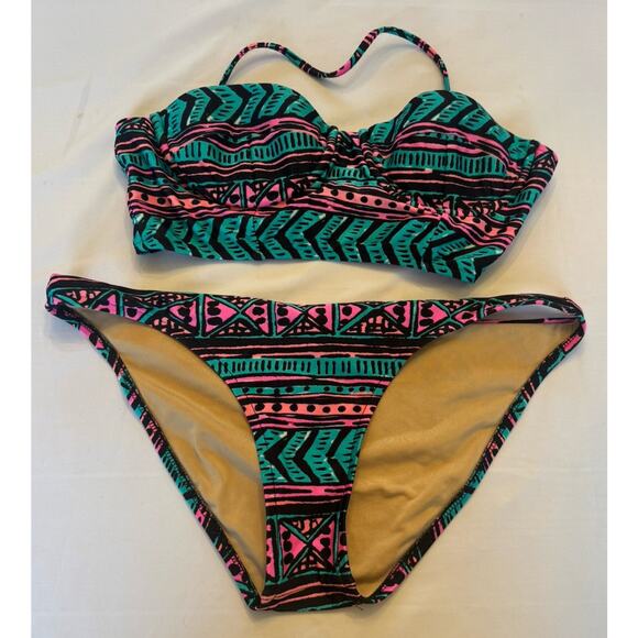MILLY Cabana Swimsuit Bikini Bandeau Halter Blue Green Pink 90’s Small Medium M - Picture 1 of 6